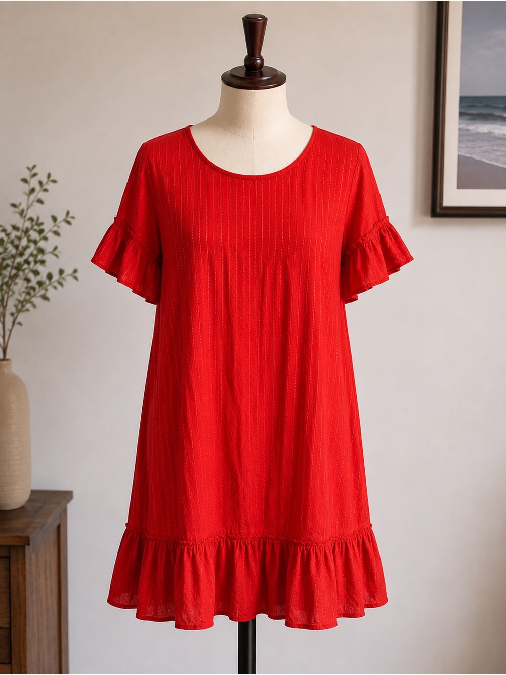 Pink Chicken New York Red Lurex Stripe Dress Women’s Medium Ruffle Hem Boho